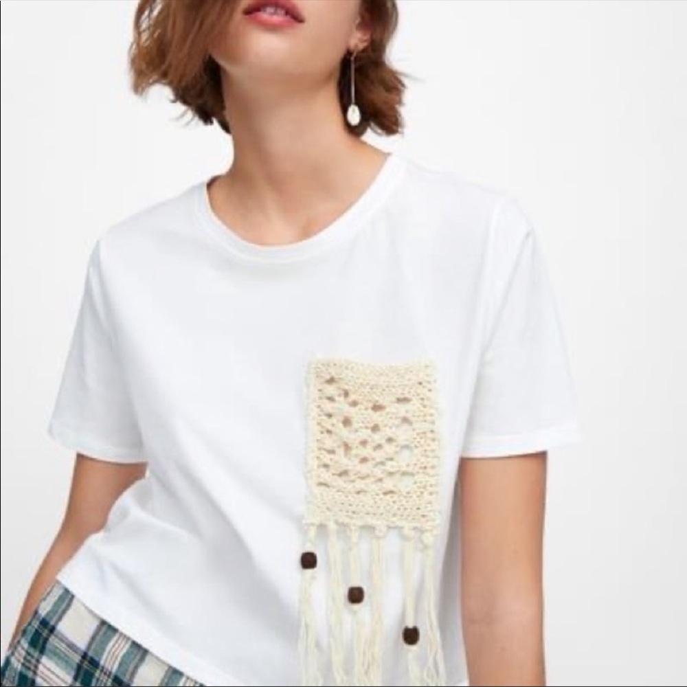 Zara Macrame Pocket Boho Fringe Tee Sz L